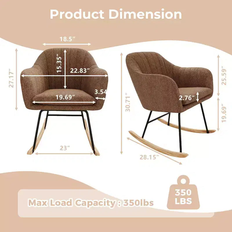 Fauteuil à bascule rembourré, planeur avec coussin douillet, fauteuil à bascule d'appoint avec pieds en bois d'hévéa, fauteuil de crèche en bois supportant jusqu'à 150 kg