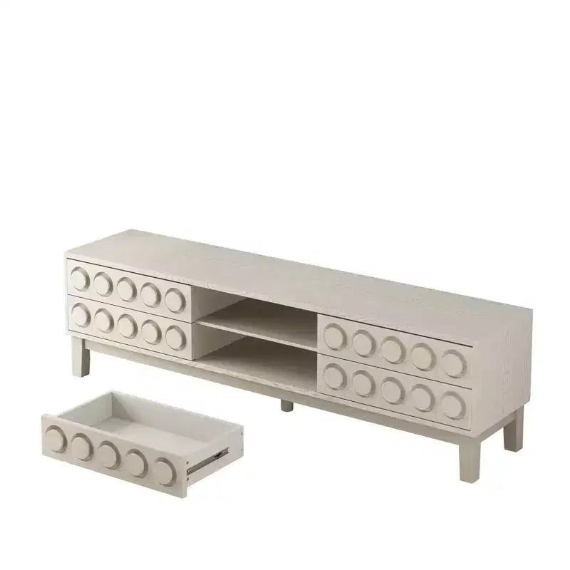 Meuble TV moderne pour téléviseurs jusqu'à 75 pouces, meuble de rangement avec 4 tiroirs, Noir+Gris/Blanc/Brun foncé