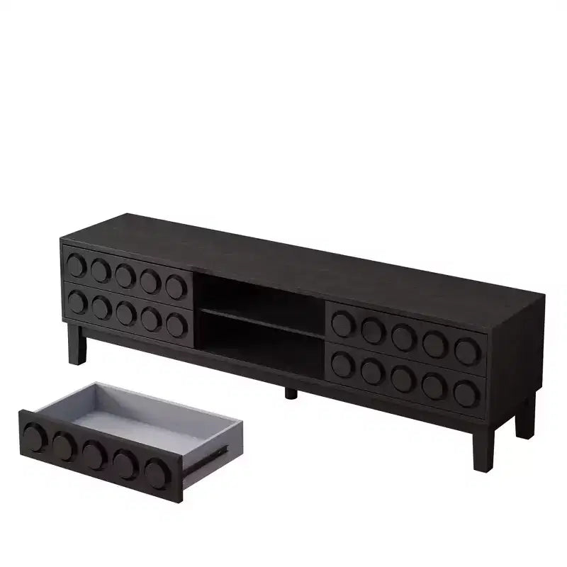 Meuble TV moderne pour téléviseurs jusqu'à 75 pouces, meuble de rangement avec 4 tiroirs, Noir+Gris/Blanc/Brun foncé