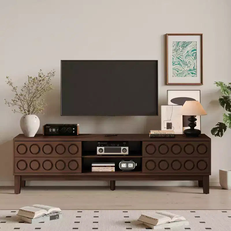 Meuble TV moderne pour téléviseurs jusqu'à 75 pouces, meuble de rangement avec 4 tiroirs, Noir+Gris/Blanc/Brun foncé