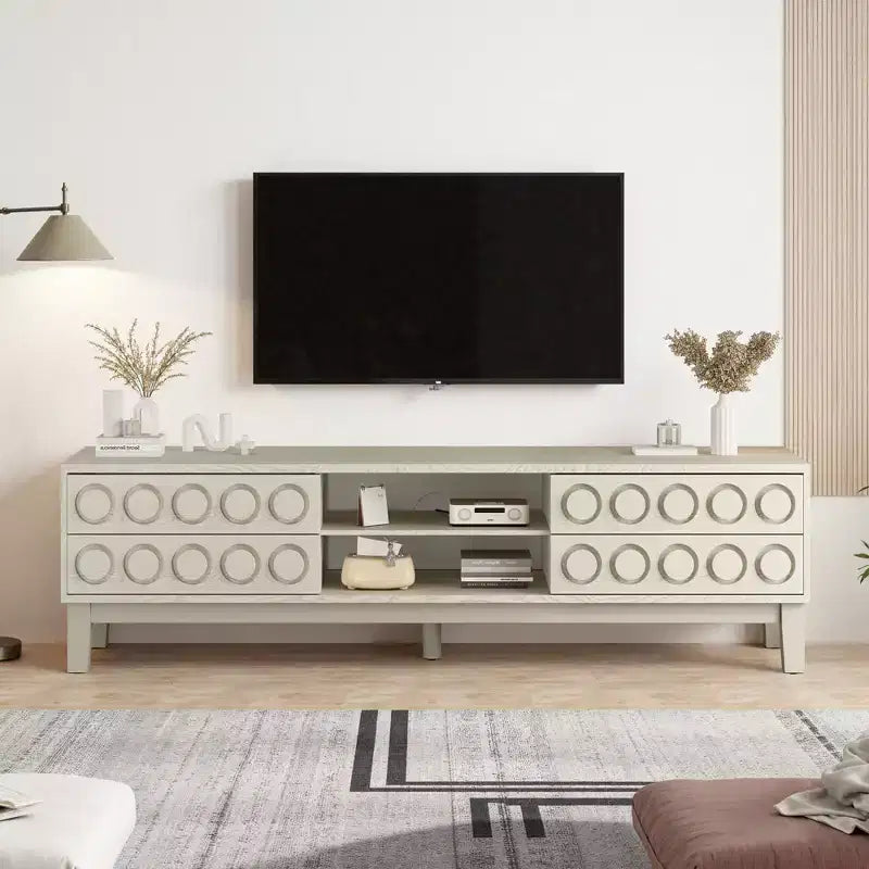 Meuble TV moderne pour téléviseurs jusqu'à 75 pouces, meuble de rangement avec 4 tiroirs, Noir+Gris/Blanc/Brun foncé