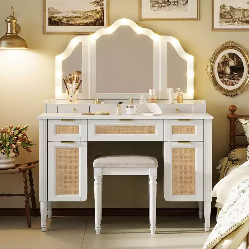 Okak Vanity Desk with 3 Modes Tri-Fold Mirror and Charging Station, Makeup Vanity with Cushioned Stool, Dressing Table for Bedroom, White