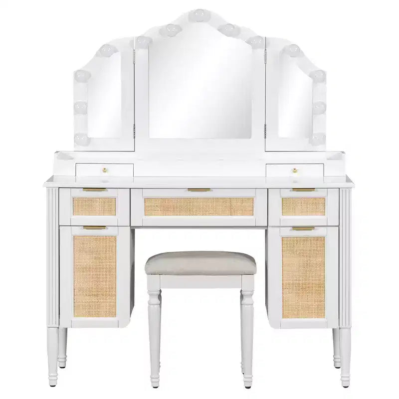 Coiffeuse avec miroir triptyque 3 modes et station de charge, coiffeuse avec tabouret rembourré, meuble de maquillage pour chambre, blanc