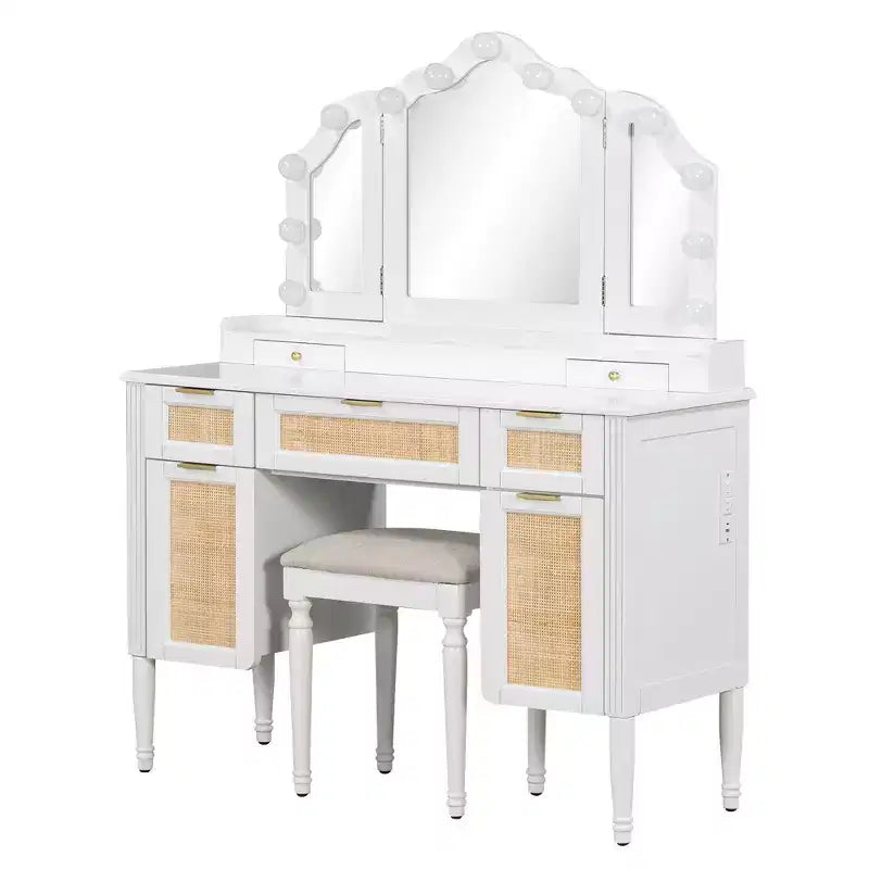 Coiffeuse avec miroir triptyque 3 modes et station de charge, coiffeuse avec tabouret rembourré, meuble de maquillage pour chambre, blanc