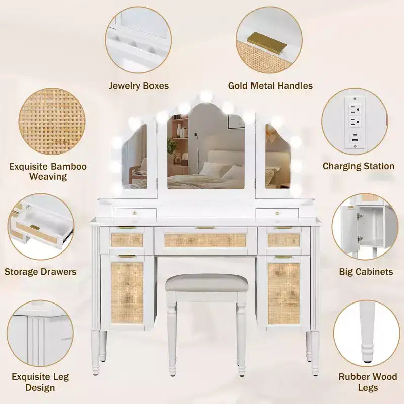 Coiffeuse avec miroir triptyque 3 modes et station de charge, coiffeuse avec tabouret rembourré, meuble de maquillage pour chambre, blanc