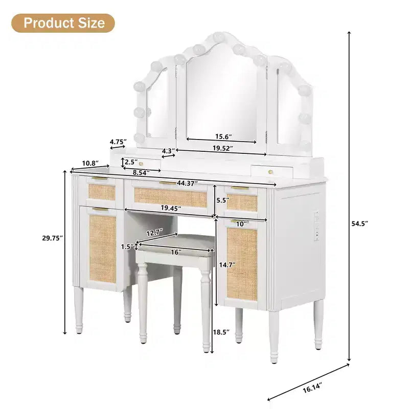 Coiffeuse avec miroir triptyque 3 modes et station de charge, coiffeuse avec tabouret rembourré, meuble de maquillage pour chambre, blanc