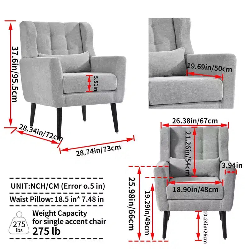 Fauteuil d'appoint moderne avec coussin rembourré et coussin décoratif, fauteuil de lecture avec pieds en bois, fauteuils d'appoint confortables pour le salon, la chambre à coucher