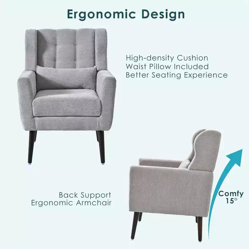 Fauteuil d'appoint moderne avec coussin rembourré et coussin décoratif, fauteuil de lecture avec pieds en bois, fauteuils d'appoint confortables pour le salon, la chambre à coucher