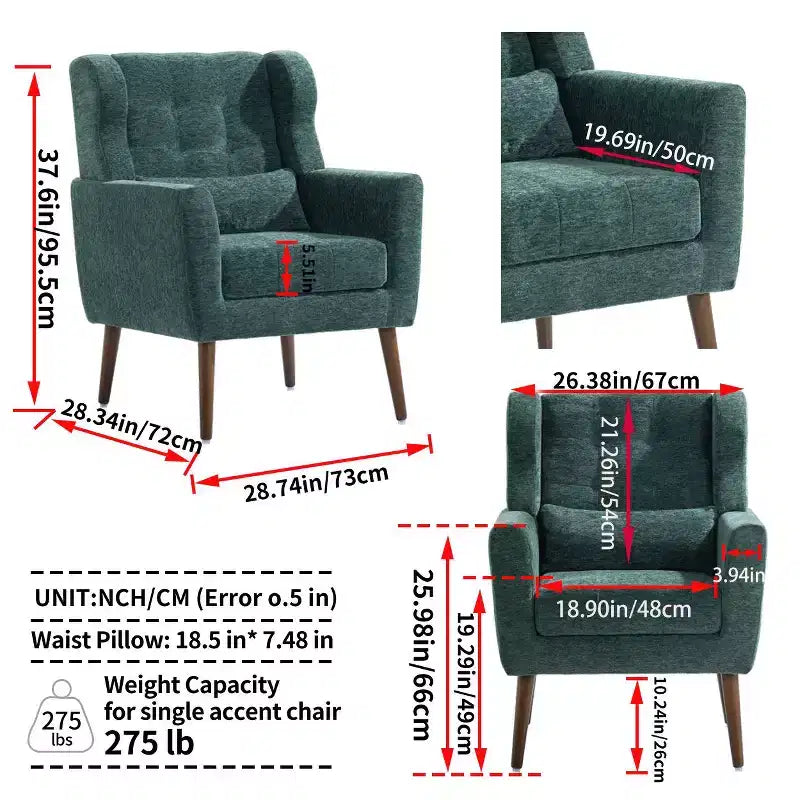 Fauteuil d'appoint moderne avec coussin rembourré et coussin décoratif, fauteuil de lecture avec pieds en bois, fauteuils d'appoint confortables pour le salon, la chambre à coucher