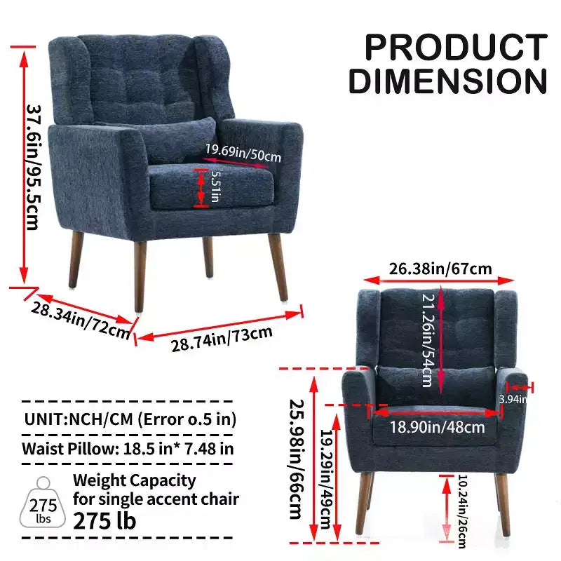 Fauteuil d'appoint moderne avec coussin rembourré et coussin décoratif, fauteuil de lecture avec pieds en bois, fauteuils d'appoint confortables pour le salon, la chambre à coucher