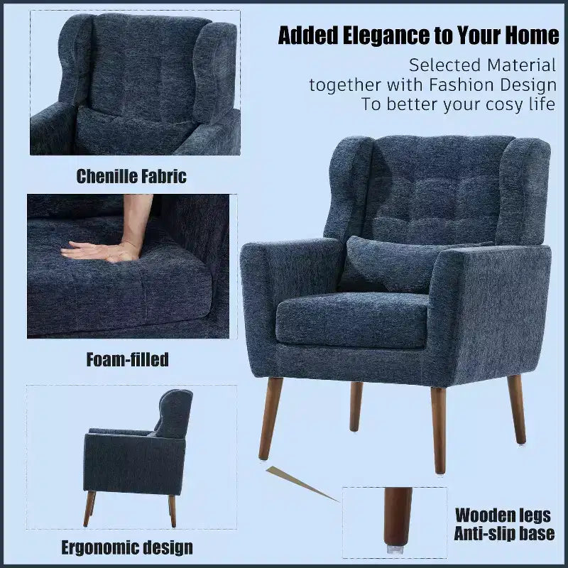 Fauteuil d'appoint moderne avec coussin rembourré et coussin décoratif, fauteuil de lecture avec pieds en bois, fauteuils d'appoint confortables pour le salon, la chambre à coucher