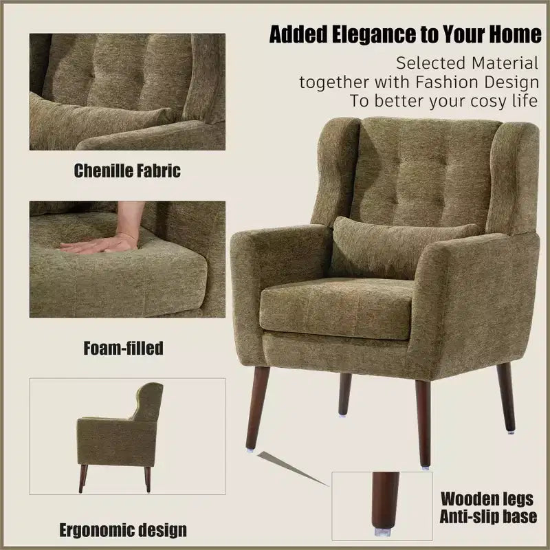 Fauteuil d'appoint moderne avec coussin rembourré et coussin décoratif, fauteuil de lecture avec pieds en bois, fauteuils d'appoint confortables pour le salon, la chambre à coucher