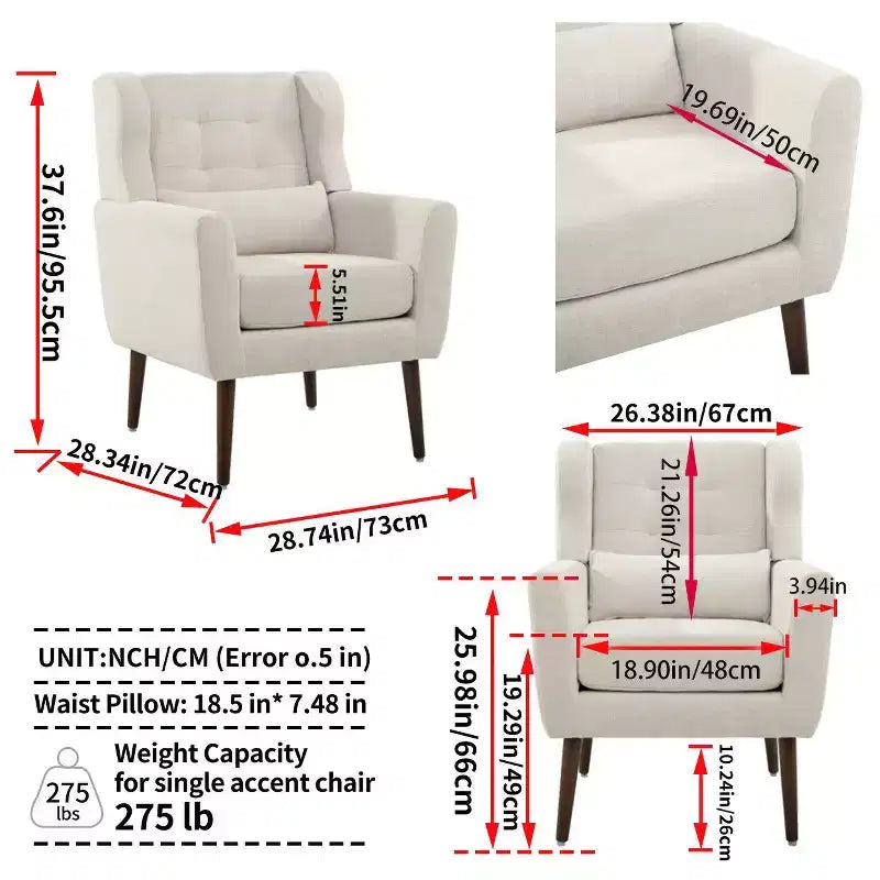 Fauteuil d'appoint moderne avec coussin rembourré et coussin décoratif, fauteuil de lecture avec pieds en bois, fauteuils d'appoint confortables pour le salon, la chambre à coucher