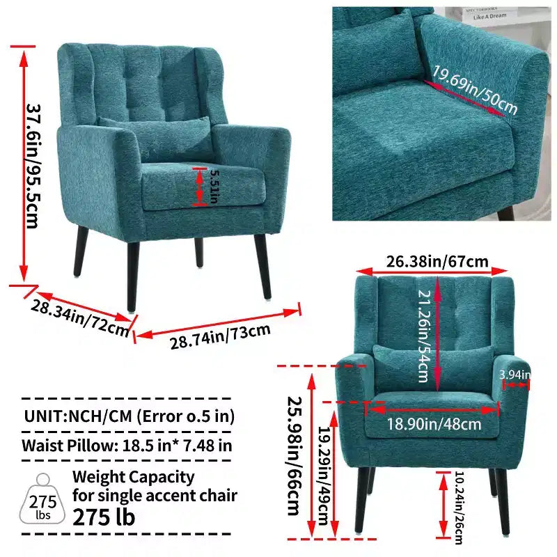 Fauteuil d'appoint moderne avec coussin rembourré et coussin décoratif, fauteuil de lecture avec pieds en bois, fauteuils d'appoint confortables pour le salon, la chambre à coucher