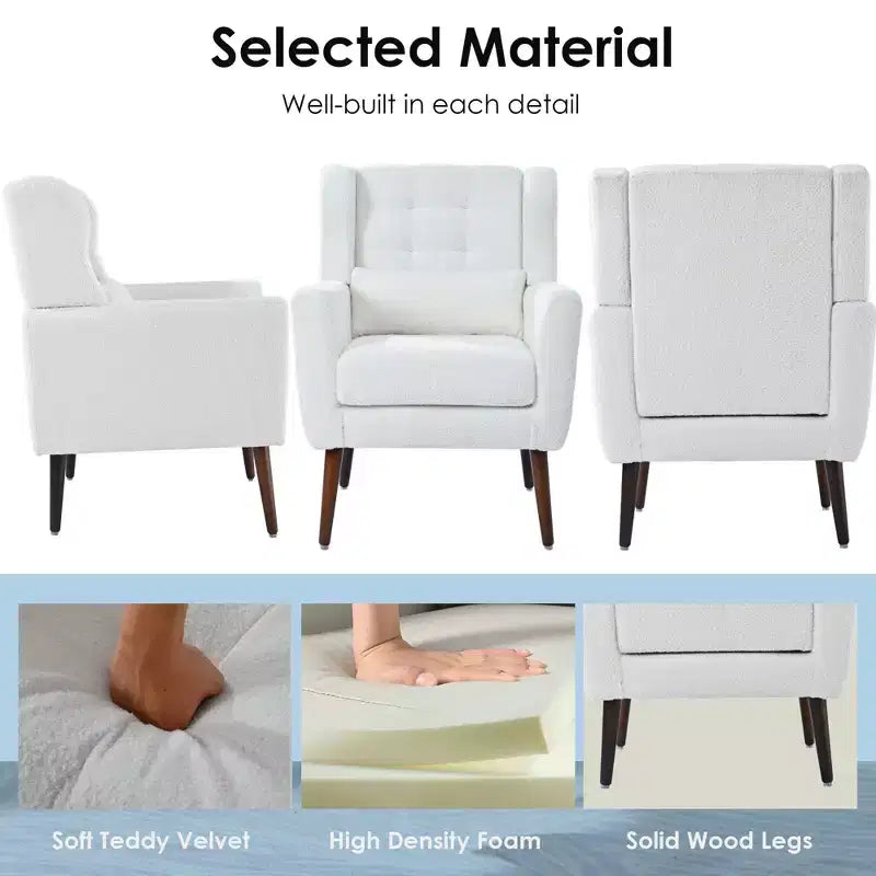 Fauteuil d'appoint moderne avec coussin rembourré et coussin décoratif, fauteuil de lecture avec pieds en bois, fauteuils d'appoint confortables pour le salon, la chambre à coucher