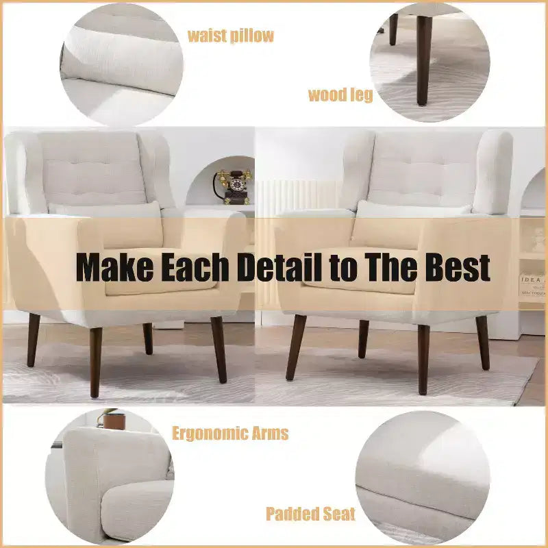 Fauteuil d'appoint moderne avec coussin rembourré et coussin décoratif, fauteuil de lecture avec pieds en bois, fauteuils d'appoint confortables pour le salon, la chambre à coucher