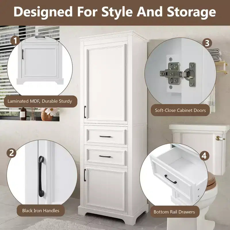 Meuble sous vasque de salle de bain autoportant de 180 cm, design moderne, portes et tiroirs amortis, étagères réglables/fixes, rangement peu encombrant