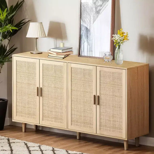 Armoire de rangement décorative en rotin à quatre portes, élégante et pratique, de 157,99 cm, idéale pour les chambres et les salons, couleur naturelle