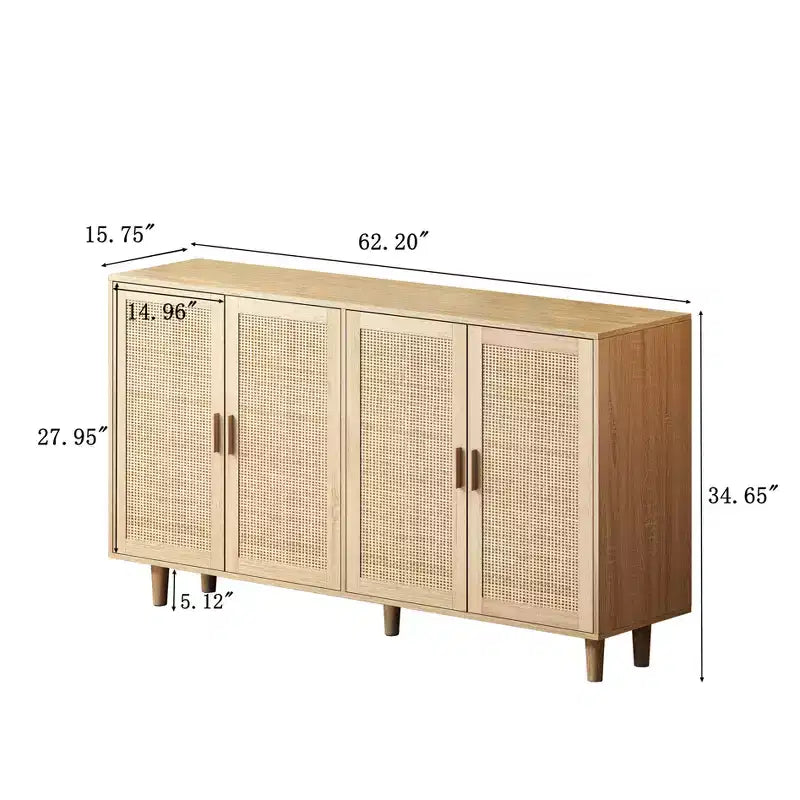 Armoire de rangement décorative en rotin à quatre portes, élégante et pratique, de 157,99 cm, idéale pour les chambres et les salons, couleur naturelle