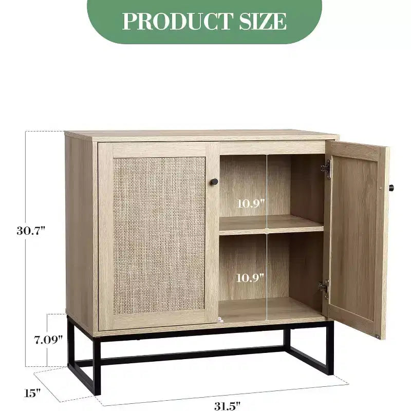 Buffet en Rotin avec Rangement, Armoire de Rangement avec Portes Décoratives, Meuble de Cuisine Multi-Fonctionnel pour Salon, Couloir, Entrée