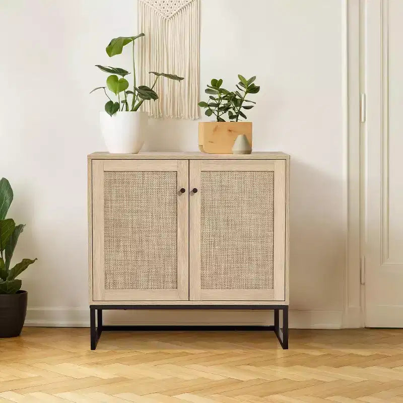 Buffet en Rotin avec Rangement, Armoire de Rangement avec Portes Décoratives, Meuble de Cuisine Multi-Fonctionnel pour Salon, Couloir, Entrée