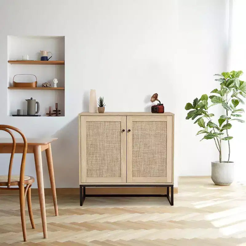 Buffet en Rotin avec Rangement, Armoire de Rangement avec Portes Décoratives, Meuble de Cuisine Multi-Fonctionnel pour Salon, Couloir, Entrée