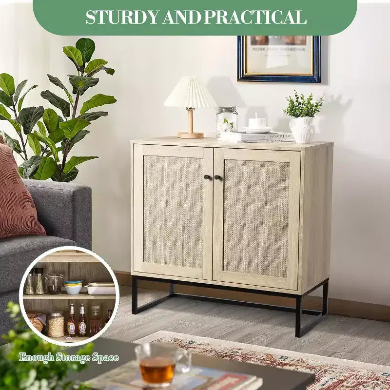 Buffet en Rotin avec Rangement, Armoire de Rangement avec Portes Décoratives, Meuble de Cuisine Multi-Fonctionnel pour Salon, Couloir, Entrée