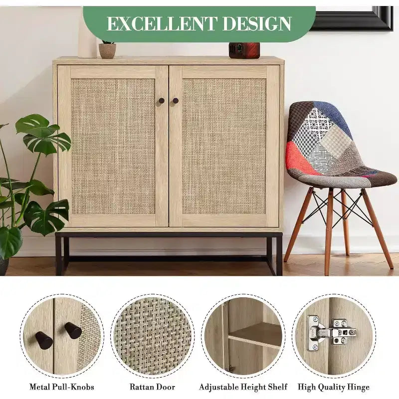 Buffet en Rotin avec Rangement, Armoire de Rangement avec Portes Décoratives, Meuble de Cuisine Multi-Fonctionnel pour Salon, Couloir, Entrée