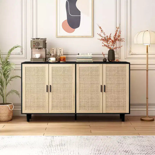 JVNOXK 62.20-inch Elegant and Practical Four-Door Rattan Decorative Storage Cabinet, Suitable for Bedrooms and Living Rooms, Black