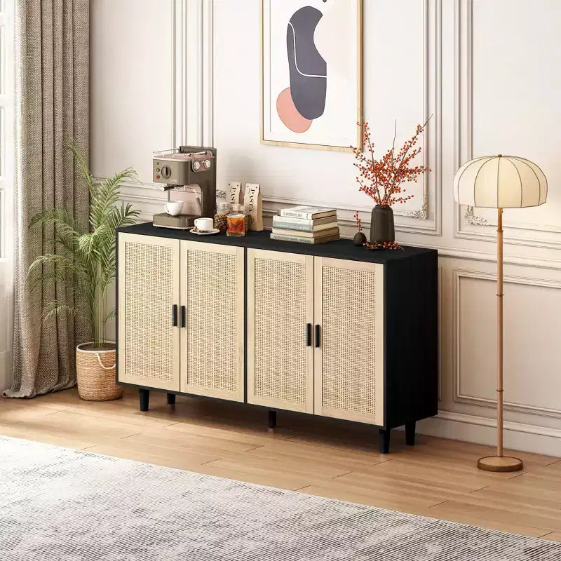 Élégante et pratique armoire de rangement décorative à quatre portes en rotin de 158 cm, adaptée aux chambres et aux salons, noire