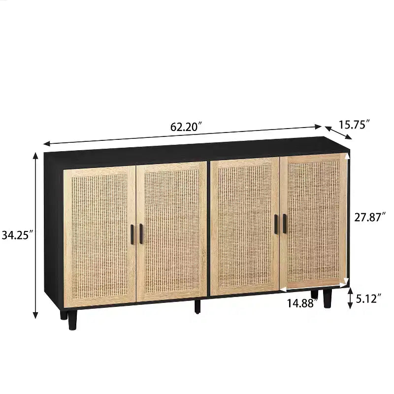 Élégante et pratique armoire de rangement décorative à quatre portes en rotin de 158 cm, adaptée aux chambres et aux salons, noire