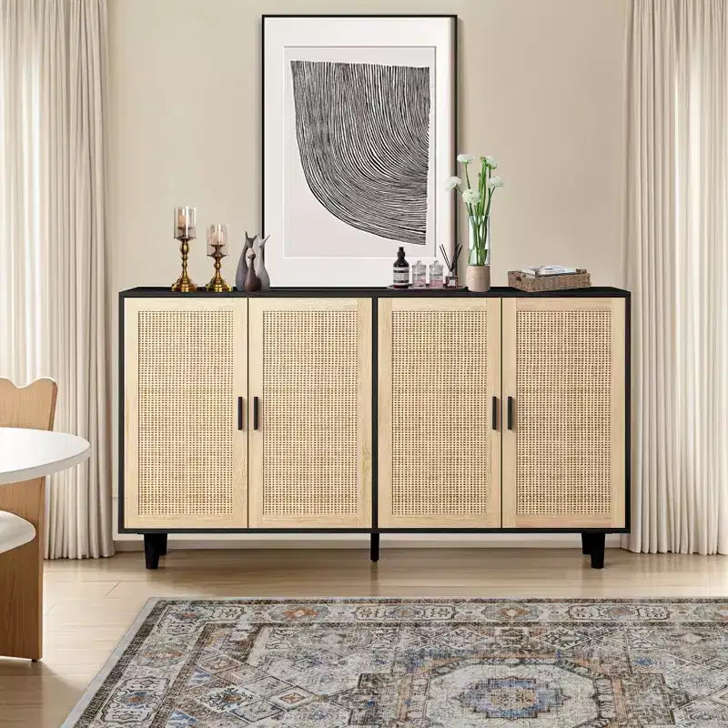 Élégante et pratique armoire de rangement décorative à quatre portes en rotin de 158 cm, adaptée aux chambres et aux salons, noire