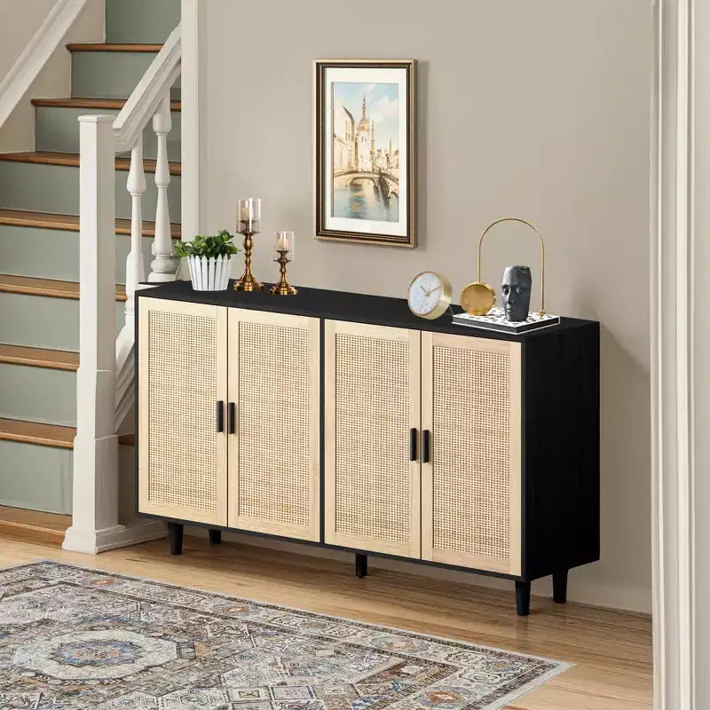 Élégante et pratique armoire de rangement décorative à quatre portes en rotin de 158 cm, adaptée aux chambres et aux salons, noire