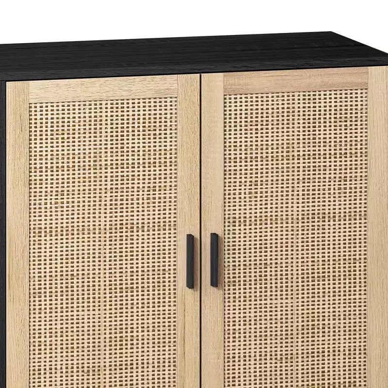 Élégante et pratique armoire de rangement décorative à quatre portes en rotin de 158 cm, adaptée aux chambres et aux salons, noire