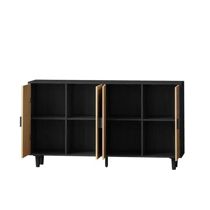 Élégante et pratique armoire de rangement décorative à quatre portes en rotin de 158 cm, adaptée aux chambres et aux salons, noire