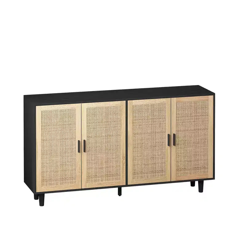 Élégante et pratique armoire de rangement décorative à quatre portes en rotin de 158 cm, adaptée aux chambres et aux salons, noire