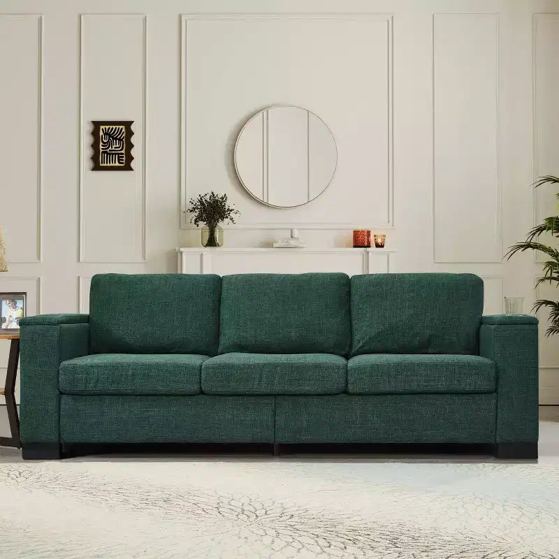 MAYEERTY 93.7 Modern Style Living Room Sofa Fabric Couch Square Arm Sofa with Cup Holder Upholstered Polyester Green