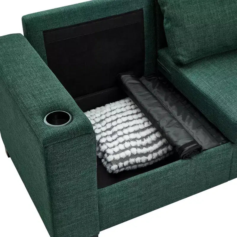 Canapé de salon moderne en tissu, accoudoirs carrés, avec porte-gobelet, rembourré en polyester vert