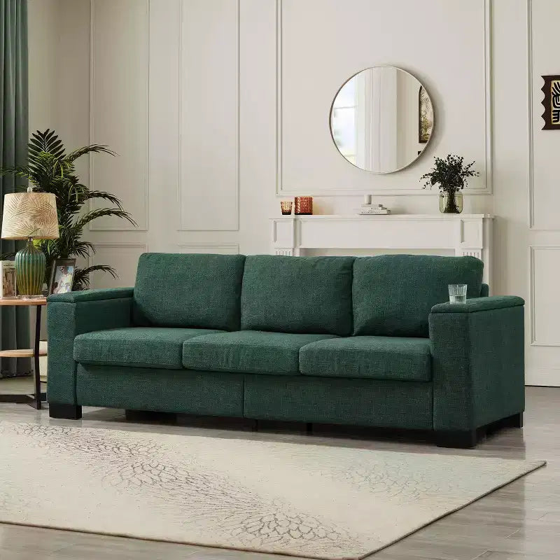 Canapé de salon moderne en tissu, accoudoirs carrés, avec porte-gobelet, rembourré en polyester vert