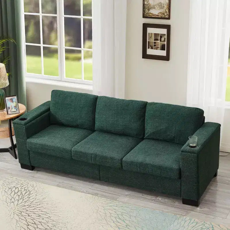 Canapé de salon moderne en tissu, accoudoirs carrés, avec porte-gobelet, rembourré en polyester vert