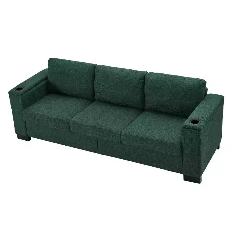 Canapé de salon moderne en tissu, accoudoirs carrés, avec porte-gobelet, rembourré en polyester vert