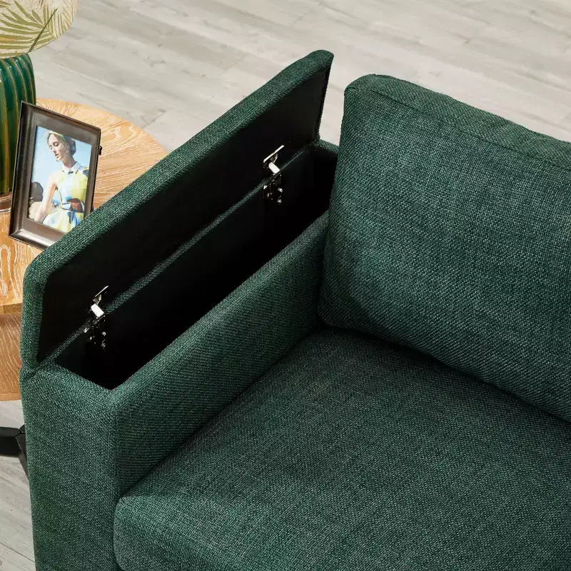Canapé de salon moderne en tissu, accoudoirs carrés, avec porte-gobelet, rembourré en polyester vert