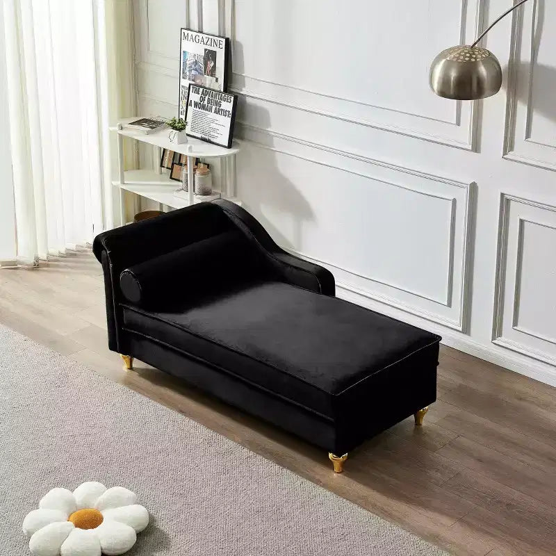 Canapé-méridienne moderne avec rangement, revêtement velours, pour salon ou chambre, noir