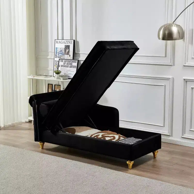 Canapé-méridienne moderne avec rangement, revêtement velours, pour salon ou chambre, noir