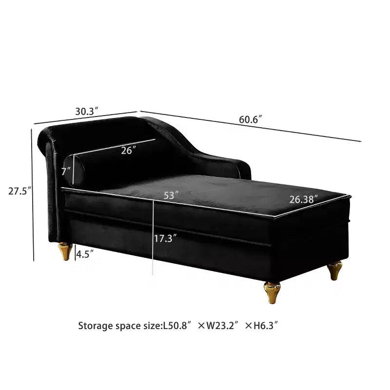 Canapé-méridienne moderne avec rangement, revêtement velours, pour salon ou chambre, noir