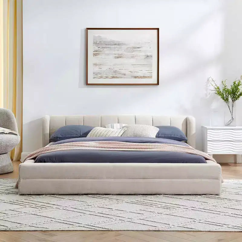MAYEERTY Queen Size Upholstered Bed Frame with Thick Fabric Headboard Solid Frame for Bedroom Beige