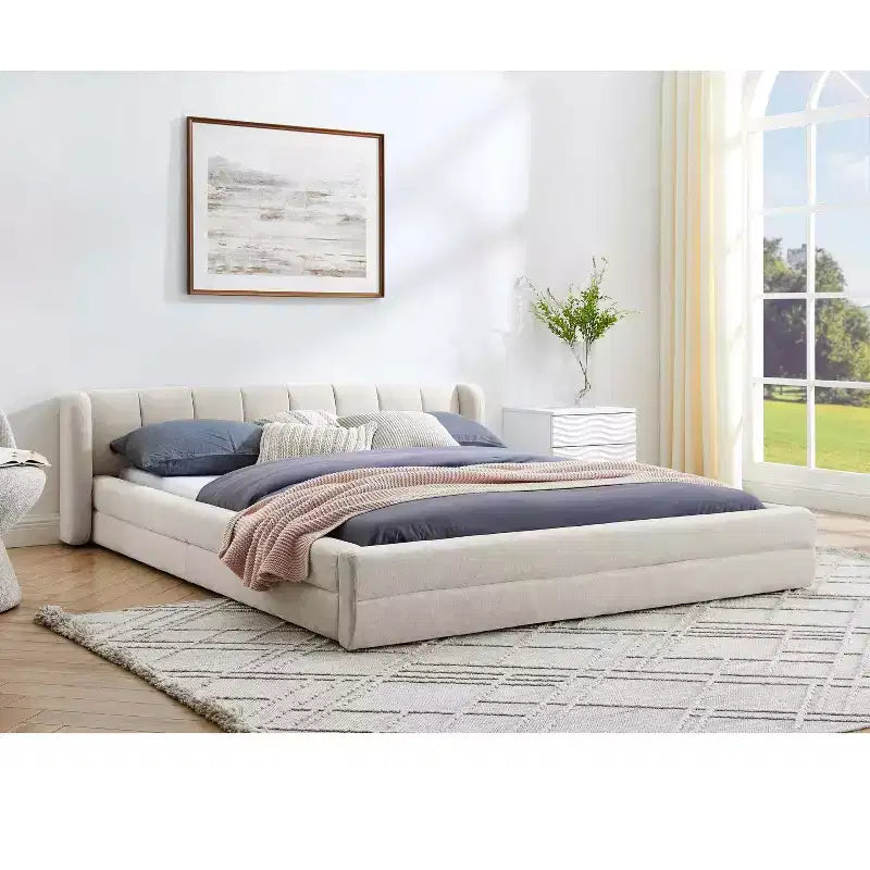 Cadre de lit rembourré avec tête de lit en tissu épais et structure solide pour chambre à coucher beige