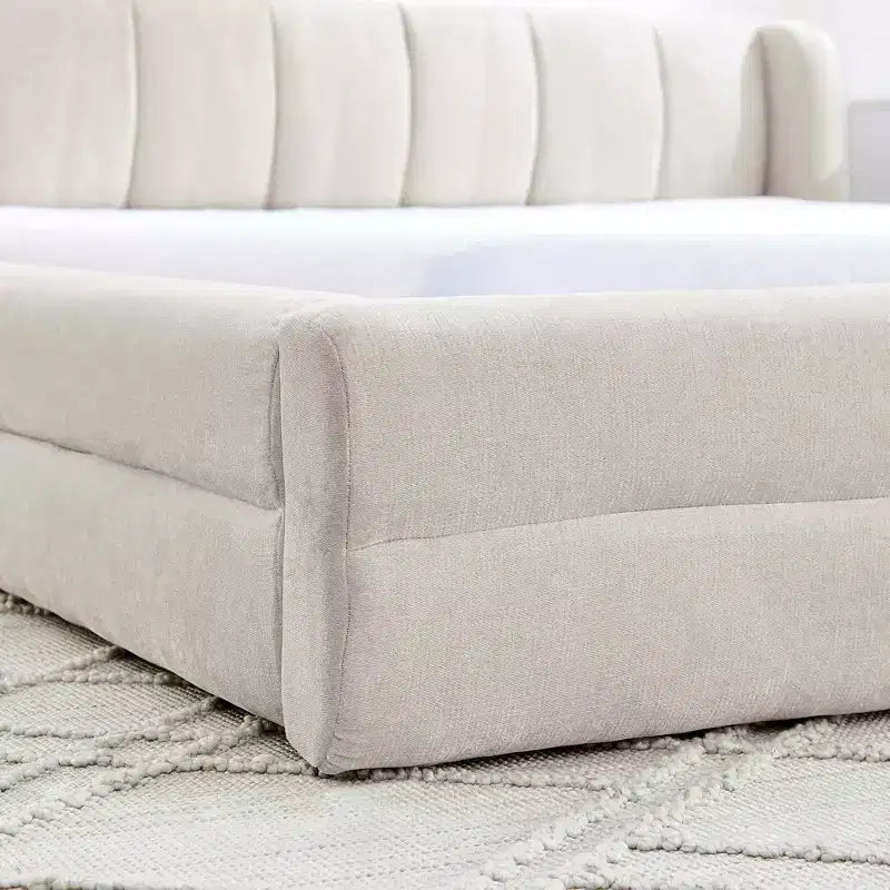 Cadre de lit rembourré avec tête de lit en tissu épais et structure solide pour chambre à coucher beige