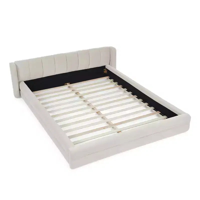 Cadre de lit rembourré avec tête de lit en tissu épais et structure solide pour chambre à coucher beige