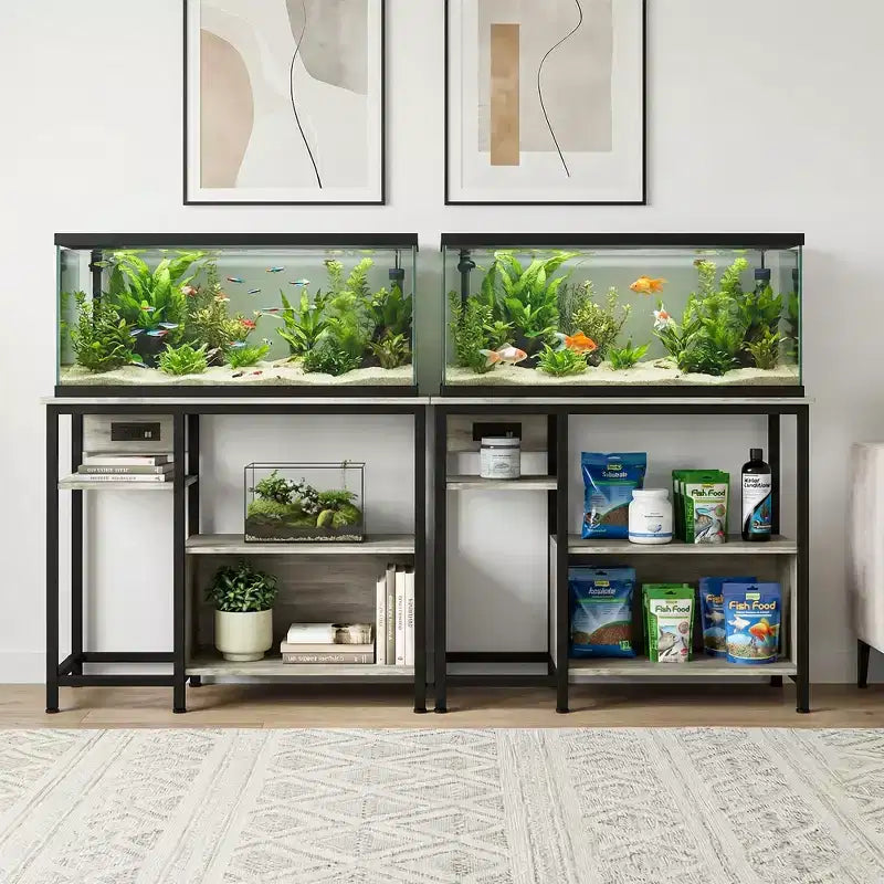 Meuble d'aquarium robuste pour aquarium de 150 à 190 litres, étagères de rangement à 4 niveaux en métal et bois avec prises de courant, organisateur solide pour poissons et tortues